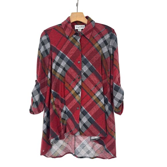 Joseph Ribkoff Plaid Button-Up Shirt tunic size 10 Red 3/4 roll tab sleeve - Picture 1 of 6